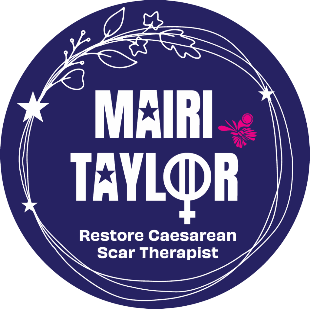 Dark blue circular logo with white text “Mairi Taylor, Restore Caesarean Scar Therapist,” surrounded by a wreath design, with a pink butterfly to the right of the text.